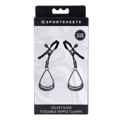 Sportsheets Velvet Noir Tuggable Nipple Clamps in black packaging, front view showing actual size