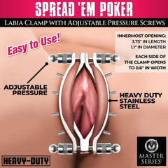 Spread 'Em Poker labia clamp infographic showing adjustable screws and steel construction