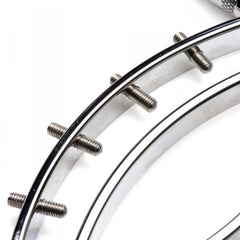 Close-up of Spread 'Em Poker stainless steel frame edges with threaded pressure screws