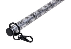 Close-up of spreader bar end cap with black D-ring and swivel snap clip attachment hardware