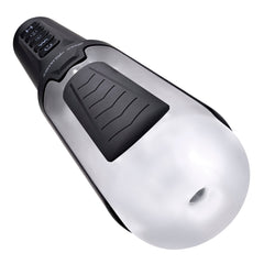 Squeeze Play stroker angled view showing translucent sleeve, ergonomic grip, and control panel