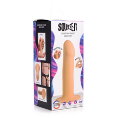 Squeeze-It Squeezable Phallic Dildo flesh packaging showing harness-compatible suction base