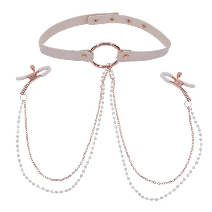 Sportsheets Sex & Mischief Peaches ‘n CreaMe Collar with Nipple Clamps - Dreamy Desire