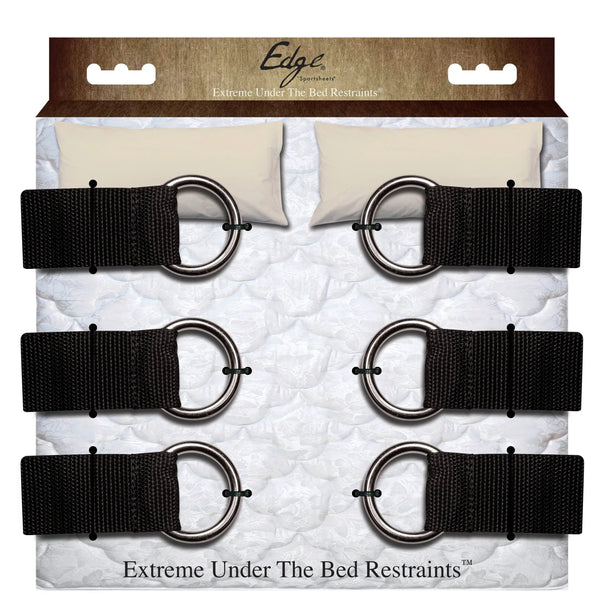 Sportsheets Edge Under-the-Bed Restraint Kit in packaging showing six black nylon straps with metal rings