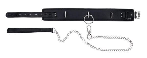 Edge collar laid flat showing adjustable buckle, D-rings, O-ring, chain and loop handle