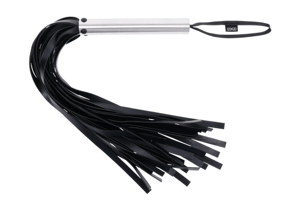 Sportsheets Edge Flogger with silver aluminum handle and black leather tails on white background
