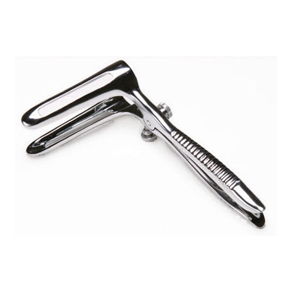 KI Sims Stainless Steel Anal Speculum – two-bladed steel speculum with ridged plier handles