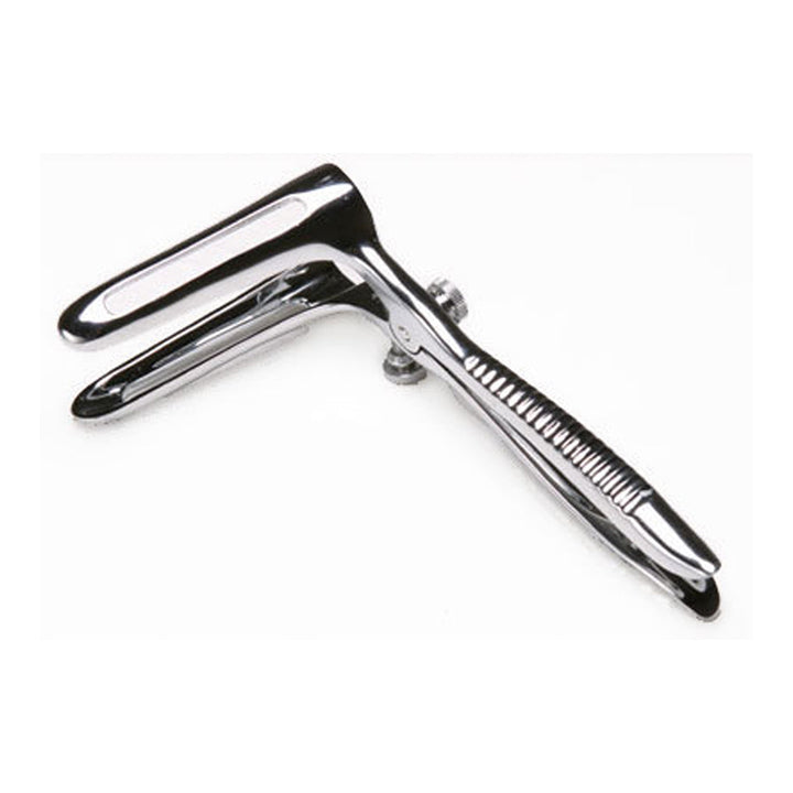 KI Sims Stainless Steel Anal Speculum – two-bladed steel speculum with ridged plier handles