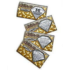 Stack of four gold glitter scratch tickets with diamond scratch zone partially revealed showing dare text