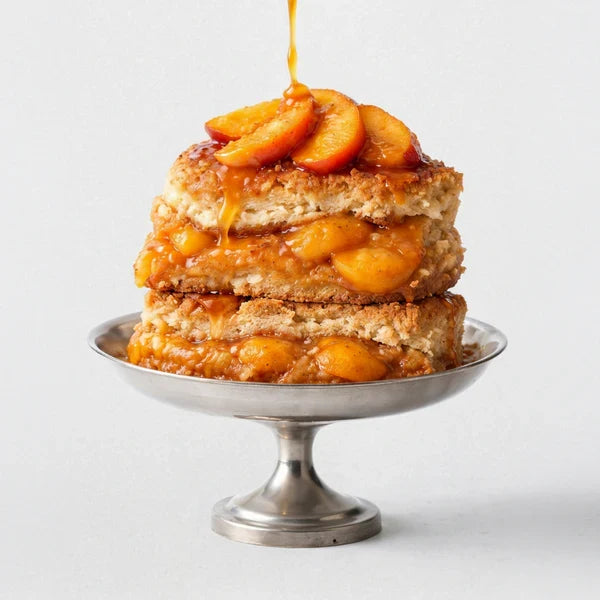 Close-up of stacked peach cobbler layers with caramel drizzle on a silver cake stand, lifestyle shot