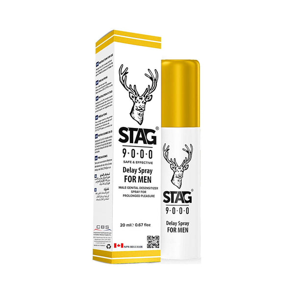 Stag 9000 Delay Spray 20ml white bottle with gold cap beside yellow and white product box