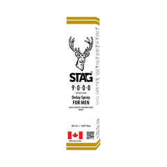 Stag 9000 Delay Spray packaging front panel showing stag logo, NPN number, and 20ml size