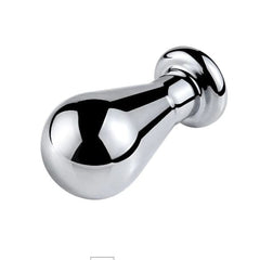 Stainless steel bulb-shaped anal plug with flared base shown from reverse angle, mirror finish