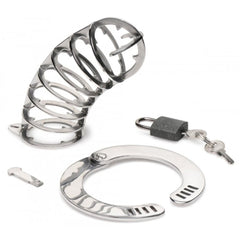 Stainless steel chastity cage disassembled showing base ring, lock, keys, and pin