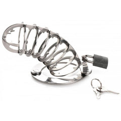 Stainless steel chastity cage standing upright with padlock secured and keys beside it