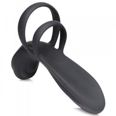 Standalone view of black silicone girth enhancer showing smooth tapered sleeve and dual cock-and-ball rings