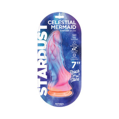 Stardust Celestial Mermaid Fantasy Dildo in swirled pink, blue, and orange silicone, 7 inch