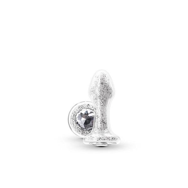 Stardust Glam glass anal plug with silver glitter fill and crystal base jewel