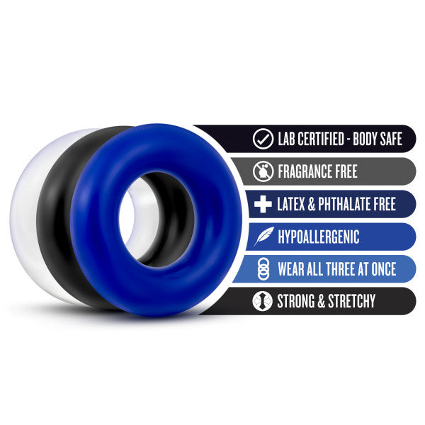 Stay Hard donut rings stacked in blue, black, and white; lab-certified body-safe and latex-free