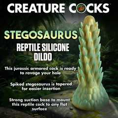 Stegosaurus reptile silicone dildo product details highlighting tapered tip for easier insertion