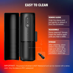 Step-by-step cleaning guide showing sleeve removal and drivetrain care with storage case