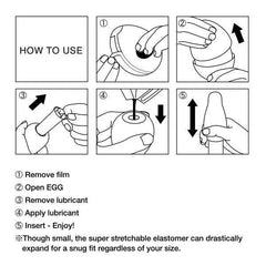 Step-by-step how-to-use diagram for Tenga Egg showing film removal, opening, lubricant and insertion