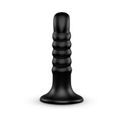 Straight-on angle of Krush black dildo showing tapered ribbed shaft and round tip