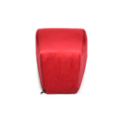 Straight front view of red velvet Deluxe Wand Saddle showing concave seat and firm form