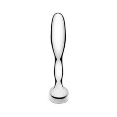 Straight-on view of polished metal prostate massager emphasizing hourglass shaft shape