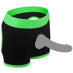 Strap-on boxer shorts shown with prosthetic inserted through front O-ring harness opening