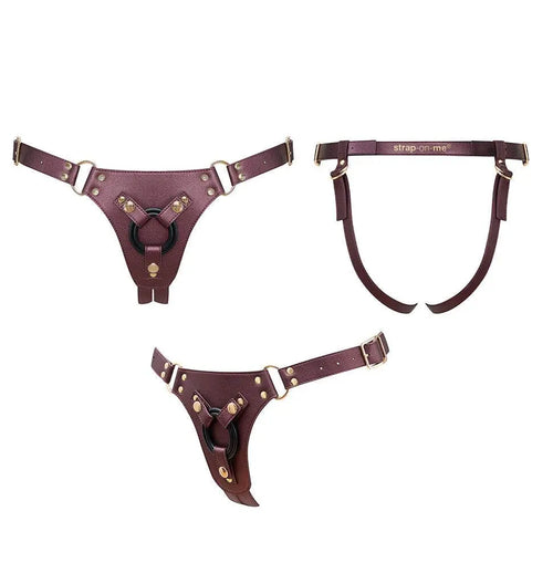 Strap-On-Me Generous harness in aubergine faux leather shown from three angles, one size