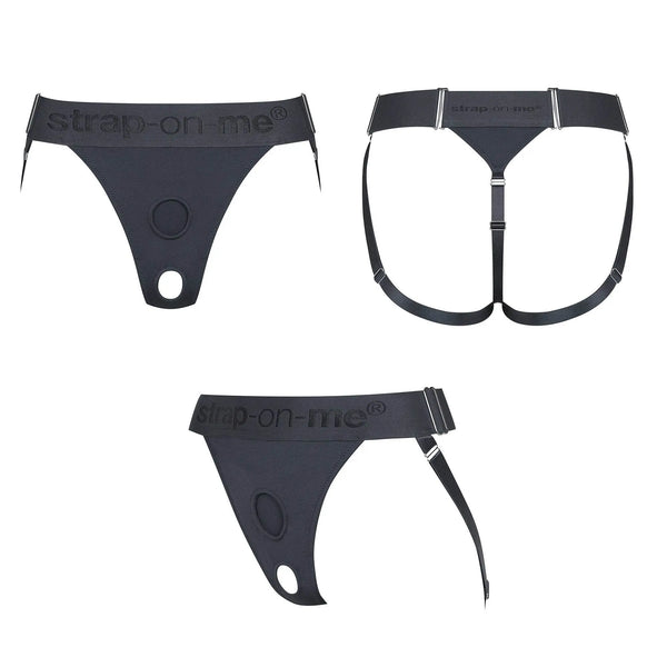 Strap-On-Me Harness Lingerie Unique three-view flat lay showing front, open-back, and side angles in grey