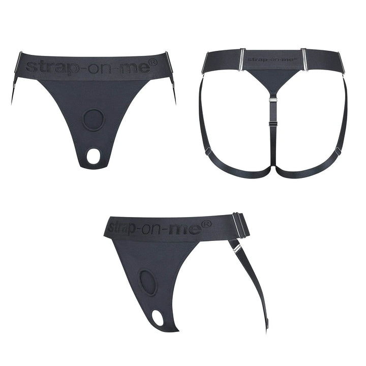 Strap-On-Me Harness Lingerie Unique three-view flat lay showing front, open-back, and side angles in grey