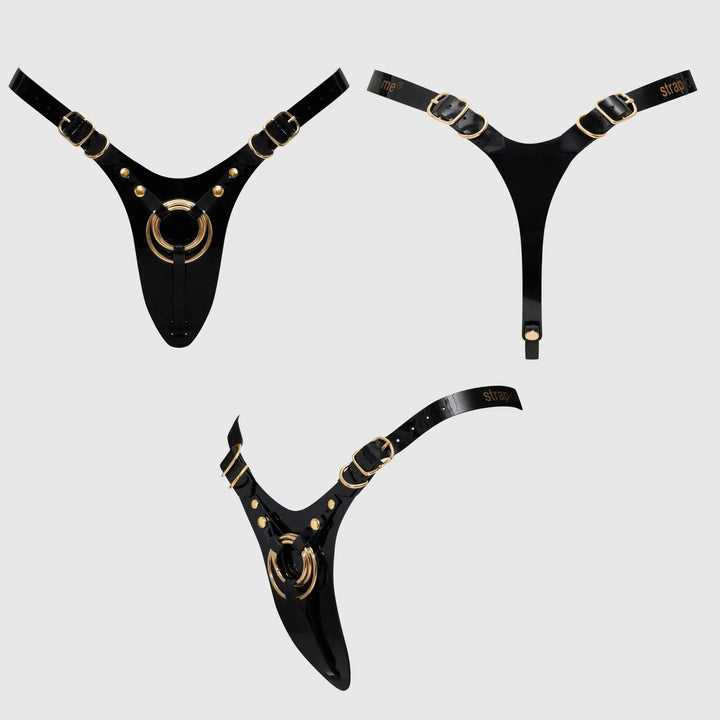Strap-On-Me Leatherette Harness Fabulous in black glossy shown flat in three angles