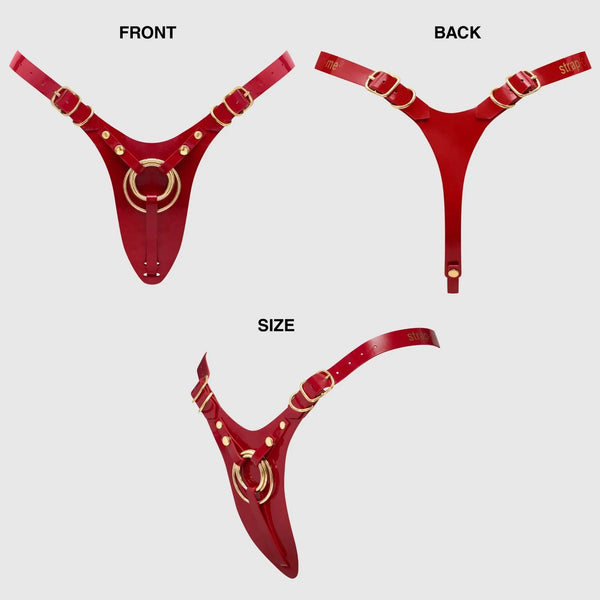 Strap-On-Me Leatherette Harness Fabulous in red glossy shown front, back, and size views with gold hardware