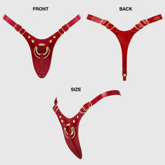 Strap-On-Me Leatherette Harness Fabulous in red glossy shown front, back, and size views with gold hardware