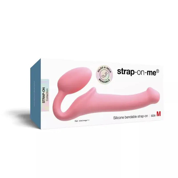 Strap-On-Me silicone bendable strap-on in blush pink, size M, shown in retail box