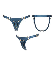 Strap-On-Me Simili Generous Harness in blue shown from three angles with gold hardware