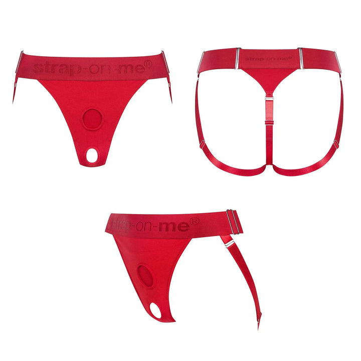 Strap-On-Me Unique Harness in red shown from front, back, and side angles highlighting the thong silhouette