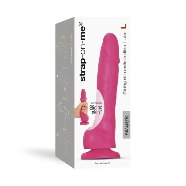 Strap-On-Me Sliding Skin Realistic Dildo Large in fuchsia shown in retail box packaging