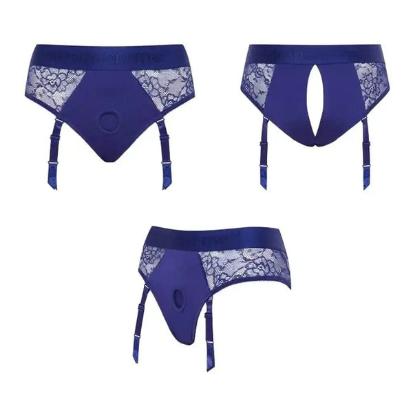 Strap-On-Me Diva Lingerie Harness in night blue shown from front, back, and side angles with lace panels and garter straps
