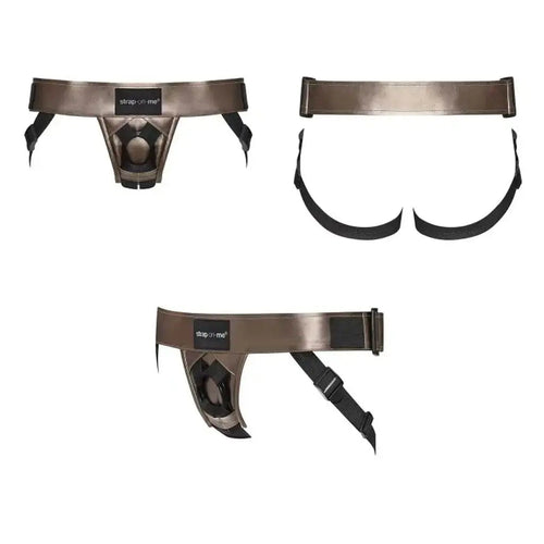 Strap-On-Me Curious Harness in bronze leatherette shown from front, back, and side angles