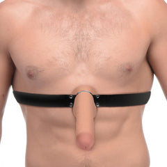 Strap and Ride Dildo Strap Harness worn around torso showing O-ring mount and realistic dildo