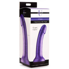 Strap U G-Tastic 7" Metallic Silicone Dildo in purple shown beside retail packaging