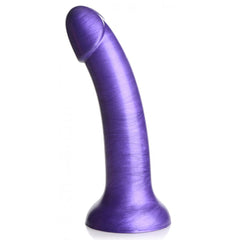 Strap U G-Tastic purple metallic silicone dildo standing upright showing suction base