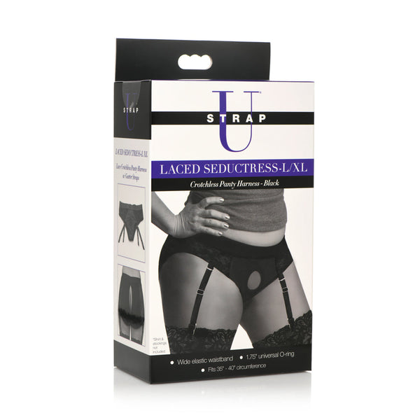 Strap U Laced Seductress L/XL retail box listing elastic waistband and 35–47 inch fit range