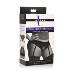 Strap U Laced Seductress L/XL retail box listing elastic waistband and 35–47 inch fit range
