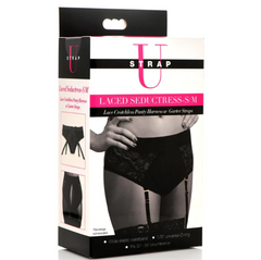 Strap U Laced Seductress S/M product box listing elastic waistband and 1.75-inch universal O-ring