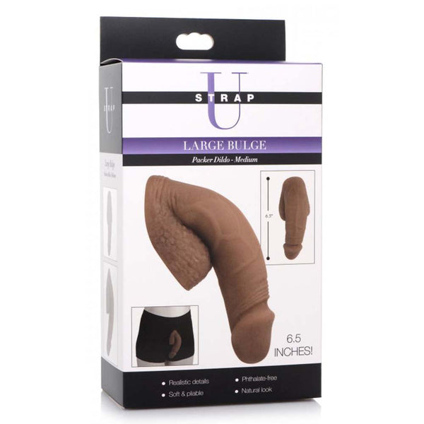 Strap U Large Bulge Packer Dildo Medium retail packaging showing 6.5-inch size, features, and product views