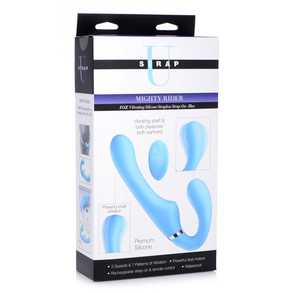 Strap U Mighty Rider 10X packaging displaying product, remote control, and dual-motor vibration feature details